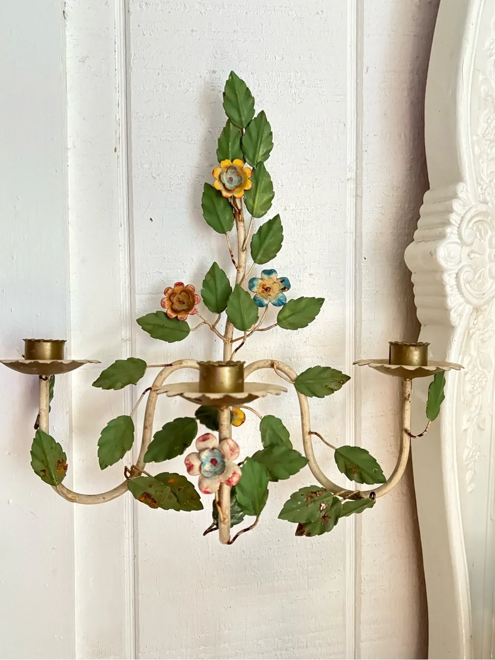 Antique Italian Tole Floral 3 arm wall sconce Hand painted